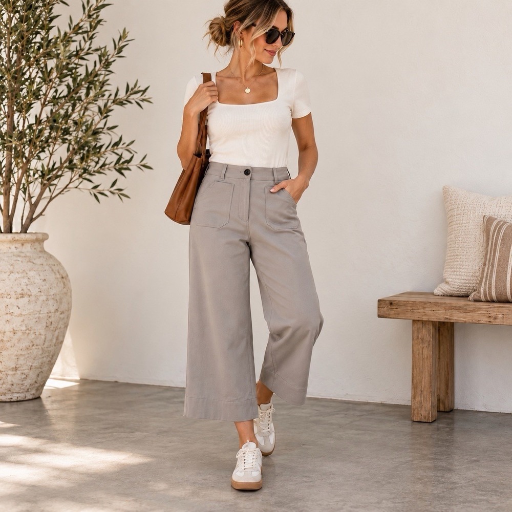 Quince Ponte Cropped Wide Leg Pants Women's 14 Morel Grey Stretch 24"